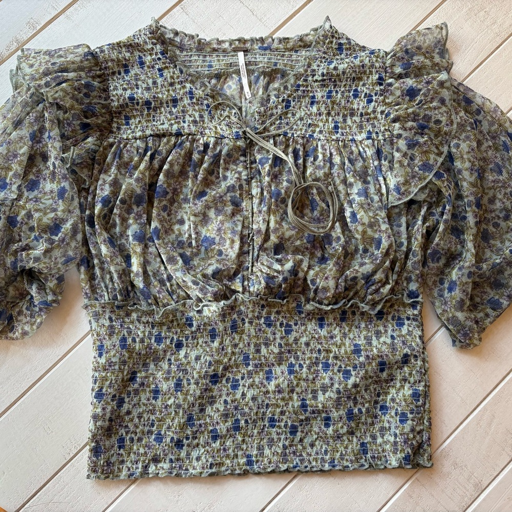 Free People Floral Blouse Cropped and Smocked